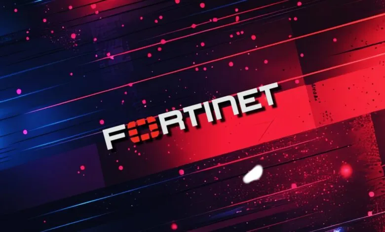 Fortinet logo on a dynamic background with red and blue hues.