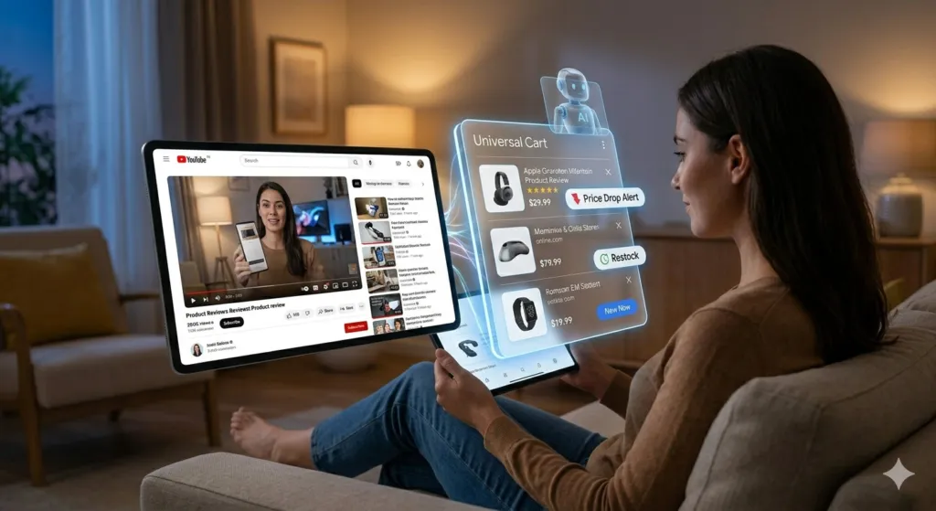 Woman shops online with floating universal cart on tablet device.