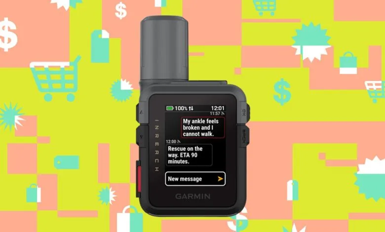 Garmin inReach Mini 3 displays emergency message on a colorful background.