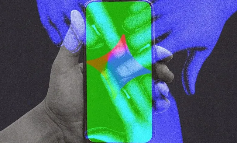 Hand holding smartphone with colorful, abstract AI interface on the screen.