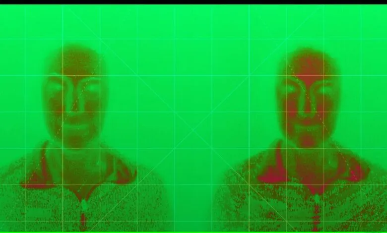 Two blurred faces with a green grid overlay.
