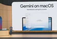 Presenter on stage showcasing Gemini on macOS with new summer features.