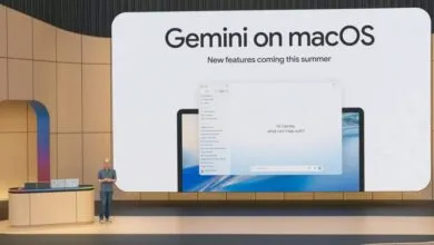 Presenter on stage showcasing Gemini on macOS with new summer features.