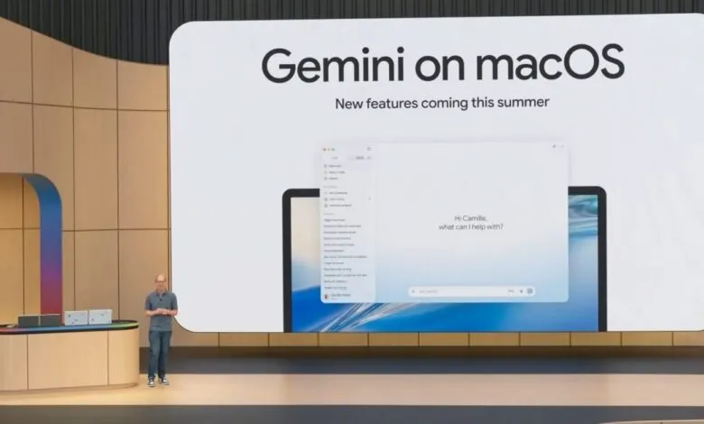 Presenter on stage showcasing Gemini on macOS with new summer features.