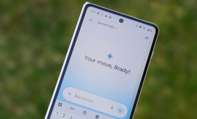 Smartphone displaying Gemini Flash with the message 'Your move, Brady!'