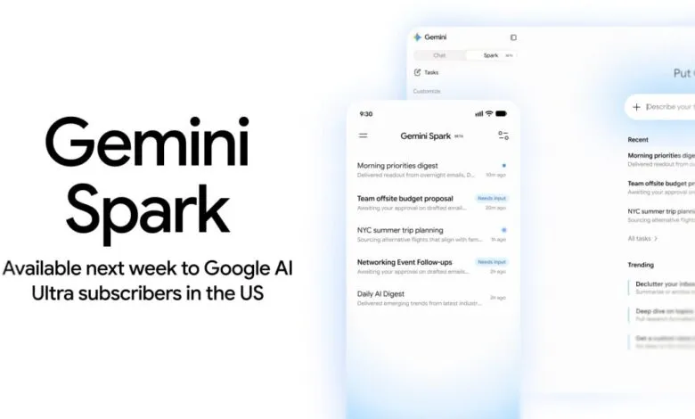 Gemini Spark app interface showcasing email digest and task management features.
