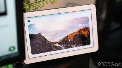 Google Nest Hub displaying a scenic mountain landscape.