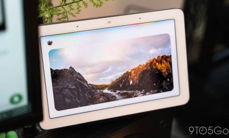 Google Nest Hub displaying a scenic mountain landscape.