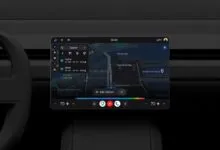Car dashboard display showing Google Maps navigation with Gemini integration.