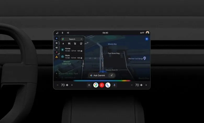 Car dashboard display showing Google Maps navigation with Gemini integration.