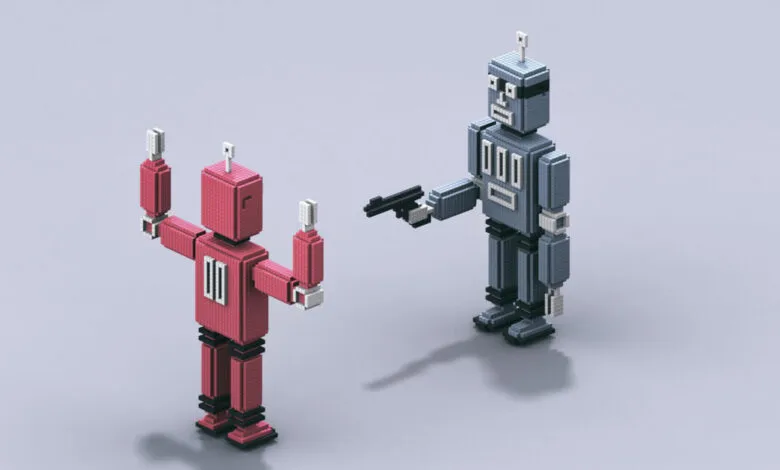 Pixelated red robot surrenders to blue robot pointing a gun.