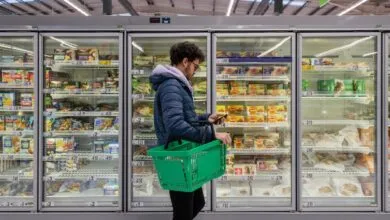 Person with green basket shops frozen foods, using phone.