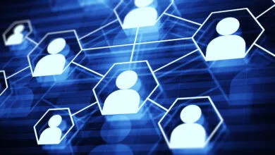 Abstract social network with connected profile icons on blue background.