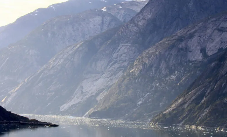 Alaskan fjord with steep mountains and ice floes in the water.