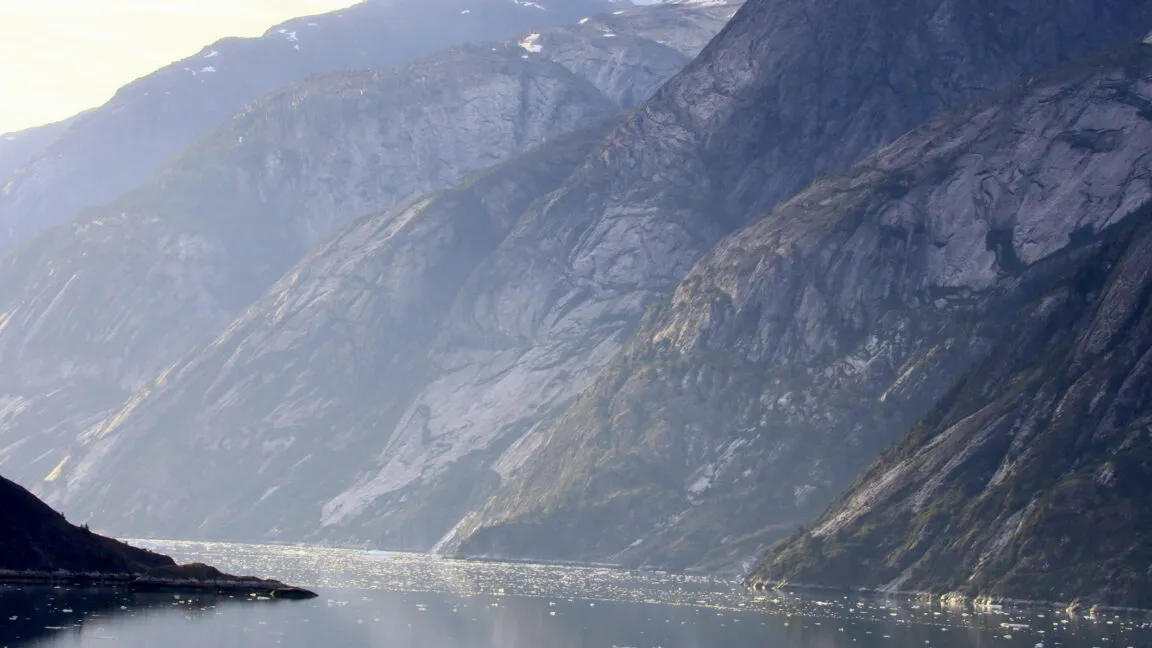 Alaskan fjord with steep mountains and ice floes in the water.