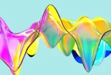 Abstract iridescent wave form with vibrant colors on light blue background.