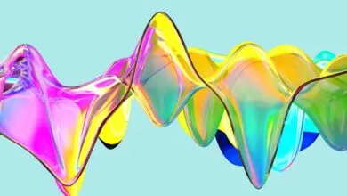Abstract iridescent wave form with vibrant colors on light blue background.