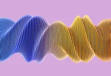 Abstract wave pattern with blue, yellow, and orange hues on a purple background.