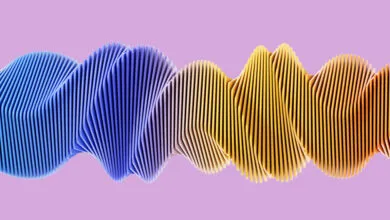 Abstract wave pattern with blue, yellow, and orange hues on a purple background.