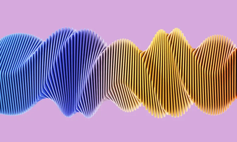 Abstract wave pattern with blue, yellow, and orange hues on a purple background.