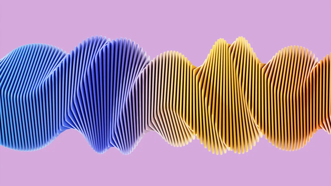 Abstract wave pattern with blue, yellow, and orange hues on a purple background.