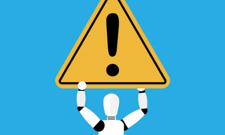 Robot holding a yellow warning sign with a black exclamation point.