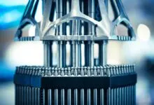 Close-up of a nuclear reactor fuel assembly with metallic rods and support structure.
