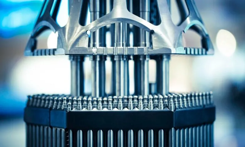Close-up of a nuclear reactor fuel assembly with metallic rods and support structure.