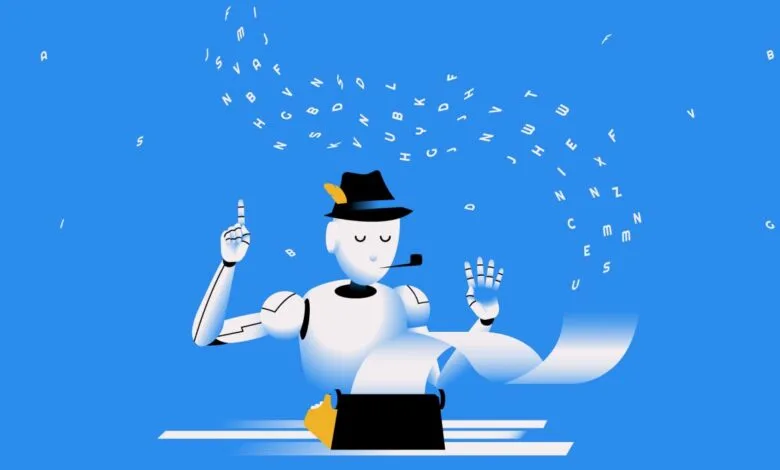 Robot writer with hat and pipe at typewriter, letters floating above.