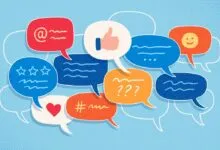 Colorful speech bubbles with social media icons on light blue background.
