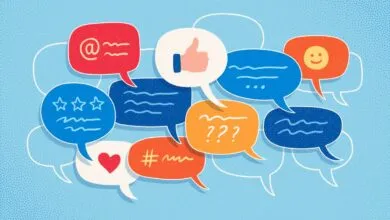 Colorful speech bubbles with social media icons on light blue background.