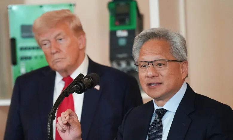Jensen Huang speaks with Donald Trump at White House event.