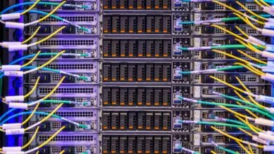 Close-up of server racks with colorful network cables connected.