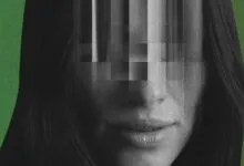 Monochrome portrait of a woman with pixelated face on a green background.