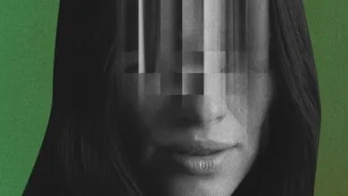Monochrome portrait of a woman with pixelated face on a green background.