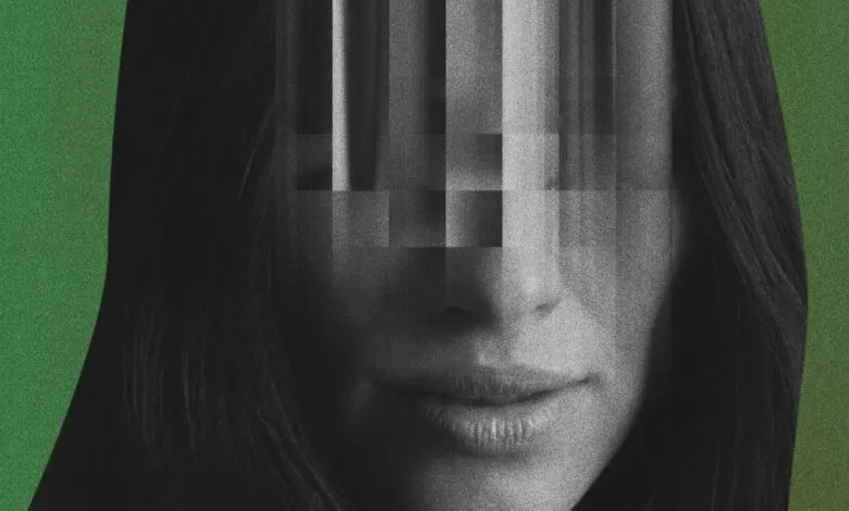 Monochrome portrait of a woman with pixelated face on a green background.