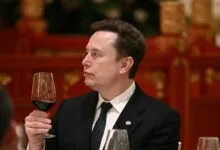 Elon Musk holds wine glass at formal dinner, looking to the side.