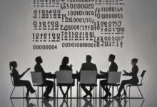 Silhouetted business team meeting under digital code, symbolizing data analysis.