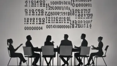 Silhouetted business team meeting under digital code, symbolizing data analysis.