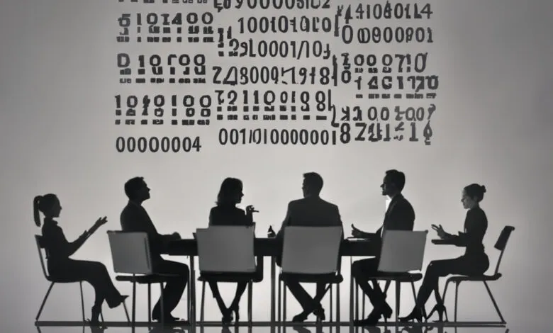 Silhouetted business team meeting under digital code, symbolizing data analysis.