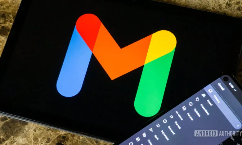 Gmail app open on a tablet and phone, showing the logo and interface.