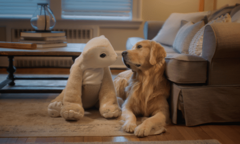 Golden Retriever dog lying next to a stuffed animal on a rug.