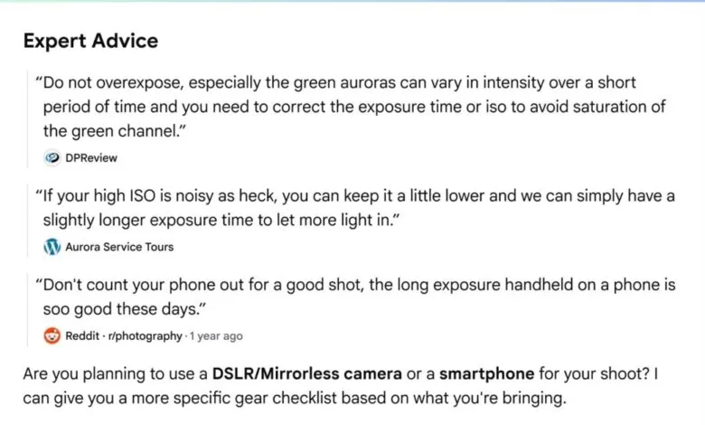 Screenshot of expert photography advice from DPReview, Aurora Service Tours, and Reddit.