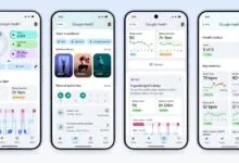 Screenshots of the Google Health app showing fitness tracking, workout options, and sleep analysis.