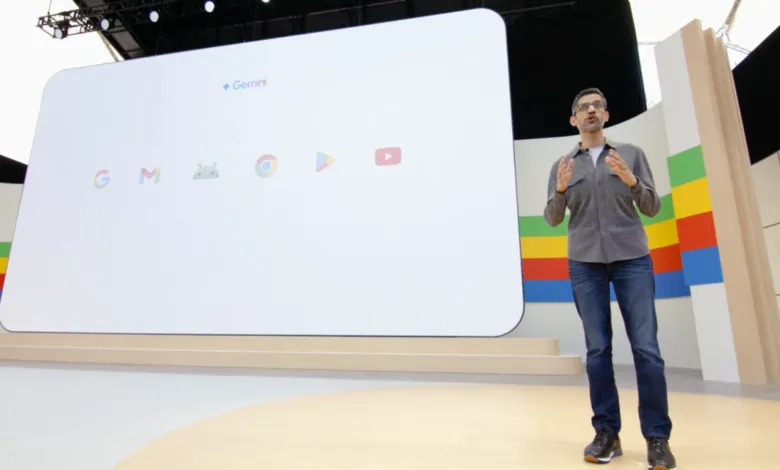 Sundar Pichai presents Gemini and Google apps on a large screen.