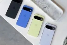 Four Google Pixel phones in different colors: black, blue, green, and lavender.