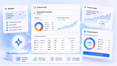 Meridian marketing mix modeling dashboard with charts and data visualizations.