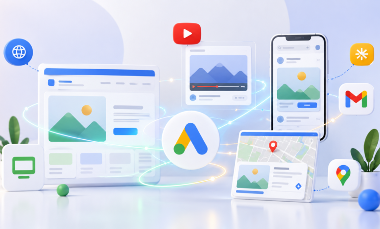 Google Ads campaign integration across platforms: web, mobile, video, maps, email.