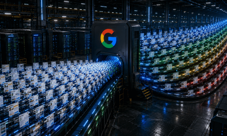 Google's data processing: documents flow through a machine with the Google logo.