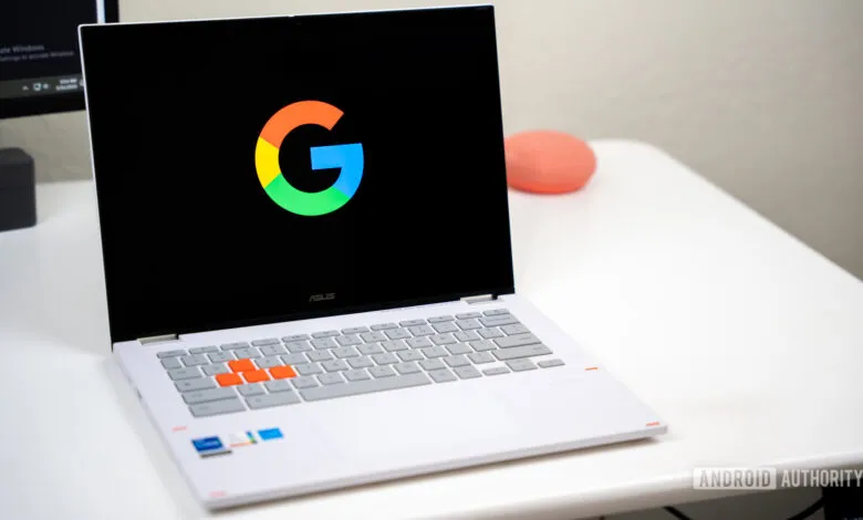 Asus Chromebook laptop displaying the Google logo on a black screen.